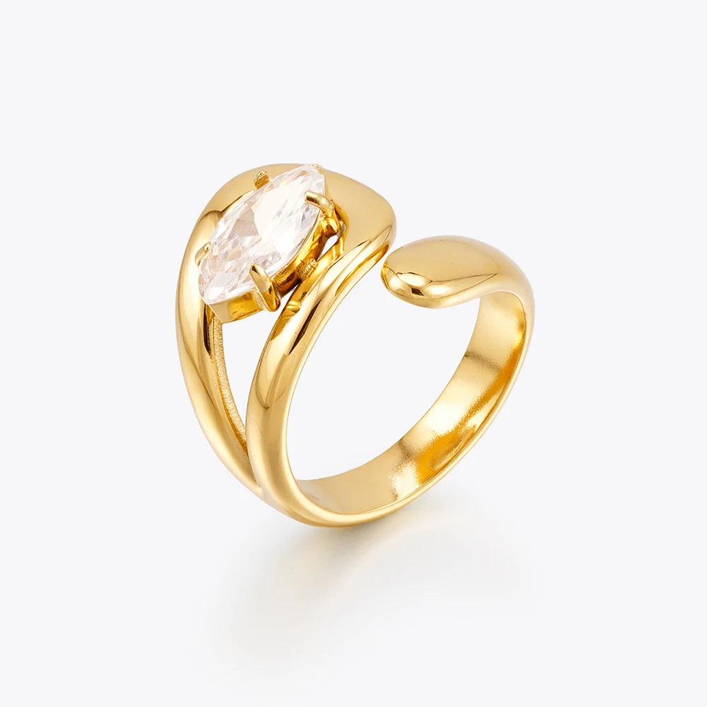18K Gold Plated Stainless Steel Jewelry Water Drop Zircon Unique Personalized Finger Rings Waterproof for Woman Ring R254481