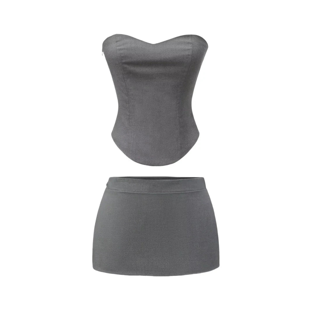 Women's Sexy Corset Strapless Slim Fit Vest Low Waist Solid Color Skirt Set
