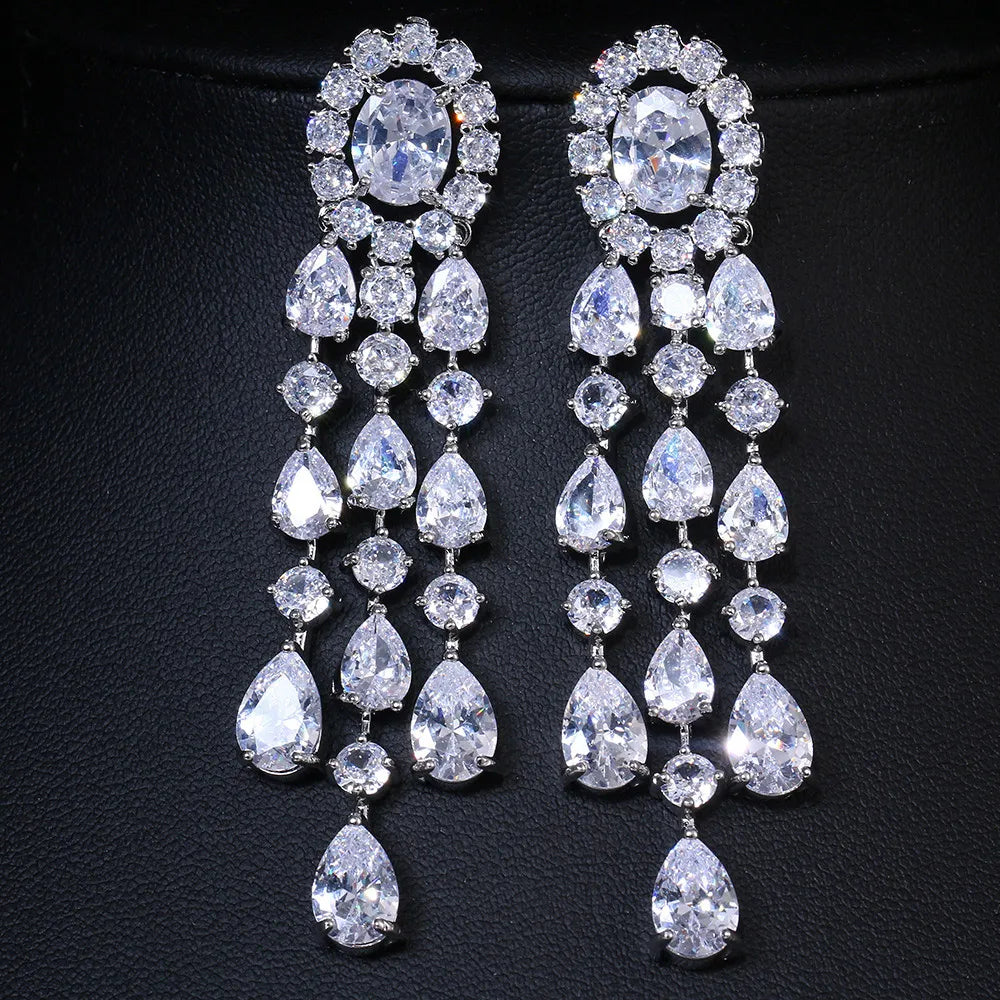 MOQ 2pcs Wholesale Jewelry Women Wedding Cubic Zirconia Tassel Long Bride Earrings Chandelier