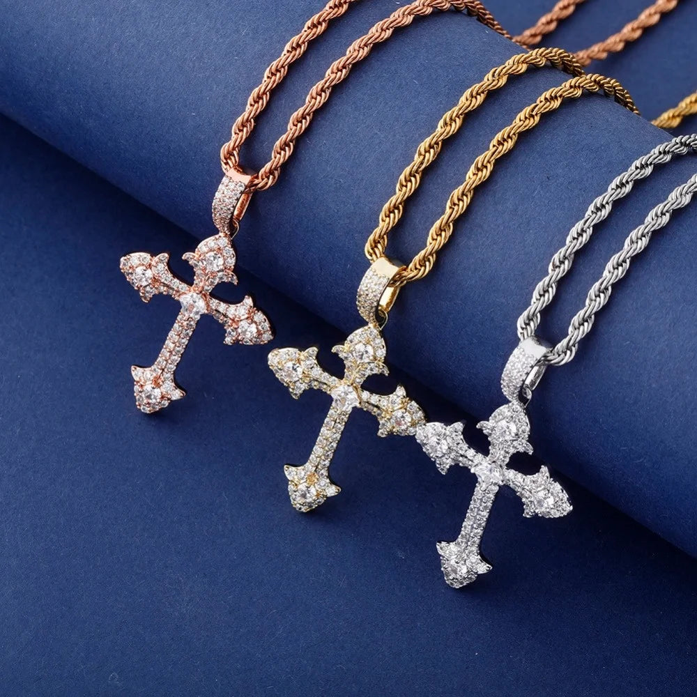New Style Crucifix Charm Necklace Hip Hop Jewelry Gold Plated Bling Iced Cubic Zircon Cross Pendant Rhodium Plated Rope Chain