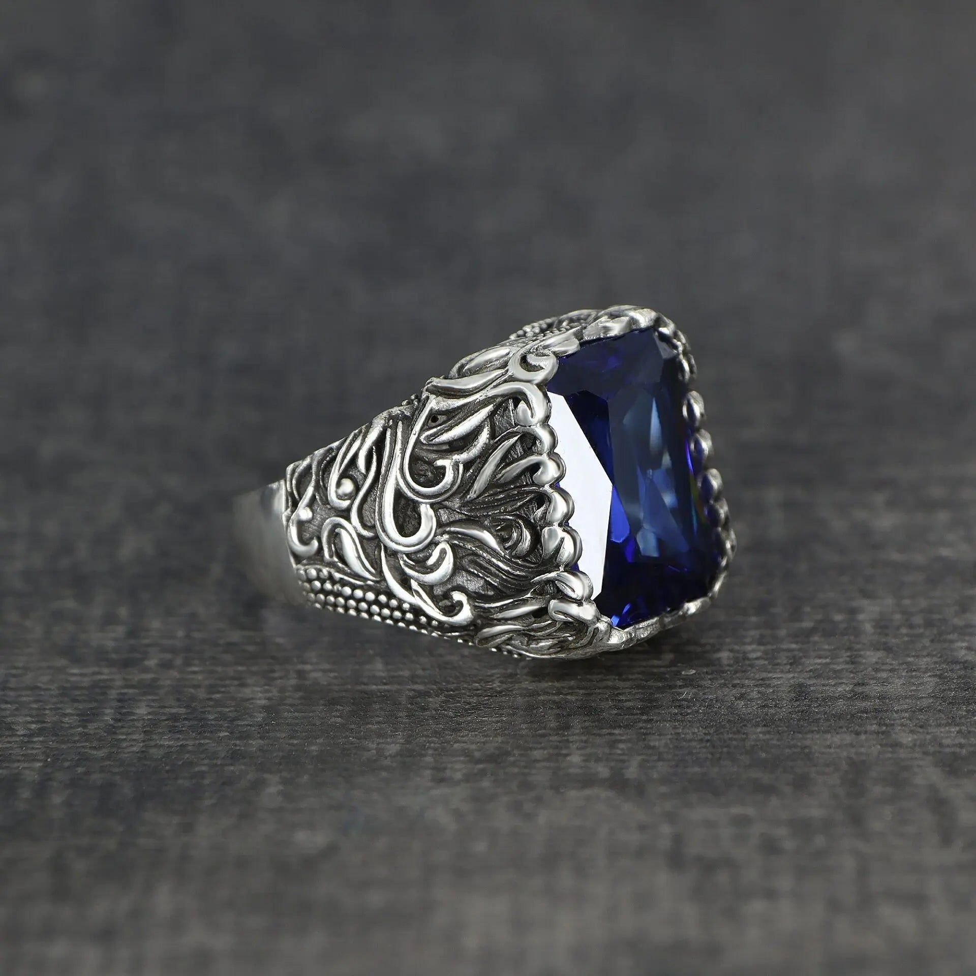 Azuris Custom Logo 925 Sterling Silver Ottoman Style Men's Ring Naturel Black Stone Handmade in Turkey VALKH1569