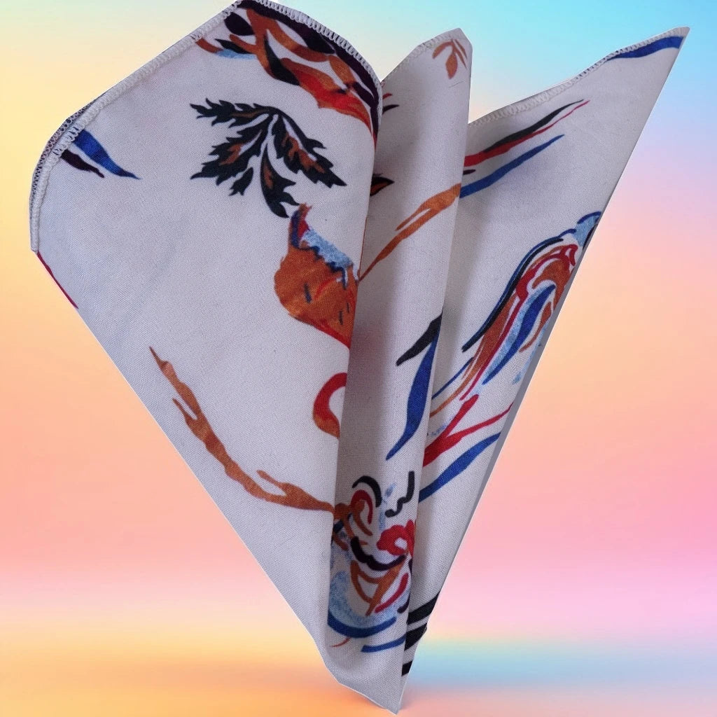 Exve Exclusive Beige Orange Red Flamingo Print Hawaiian Pocket Square Made in Turkey