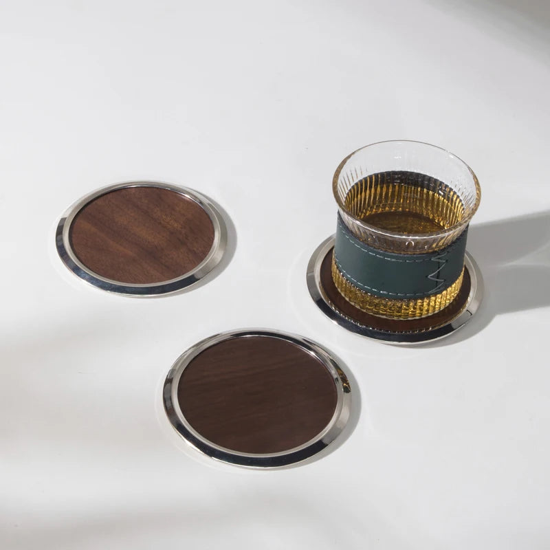 Modern Classic Design Bulk Wholesale Walnut Wood Coasters Metal Frame Sublimation Blank Paper Mats Table Home Placemats for