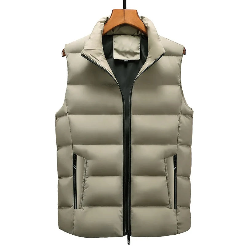 Men's Winter Cardigan Solid Color Zipper Stand Collar Youth Casual Outer Wear Sleeveless Polyester Padded Vest Coat
