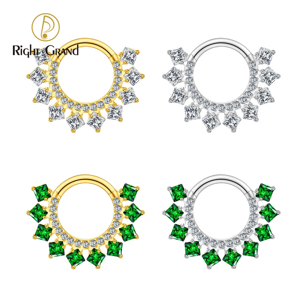 Fine Square Cubic Zirconia Nose Clicker Ring Septum Piercing Jewelry PVD Gold Green CZ Fashion Ear Huggie Hoop Earring