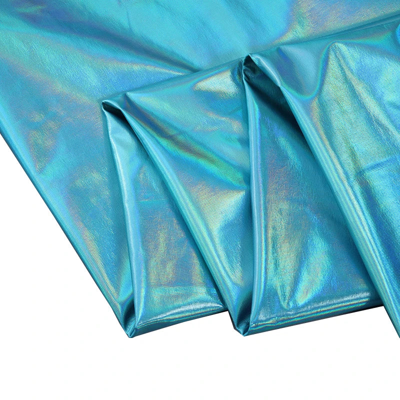 China Manufacturer Laser Shiny Holographic Firm Bronzing Stage Spandex Stretch Foil Fabrics for Swimsuit Dress Costume Fabric