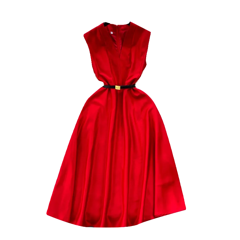 Summer Elegant V-Neck Sun Midi Dress for Women Sleeveless Empire Lace Vestidos Red