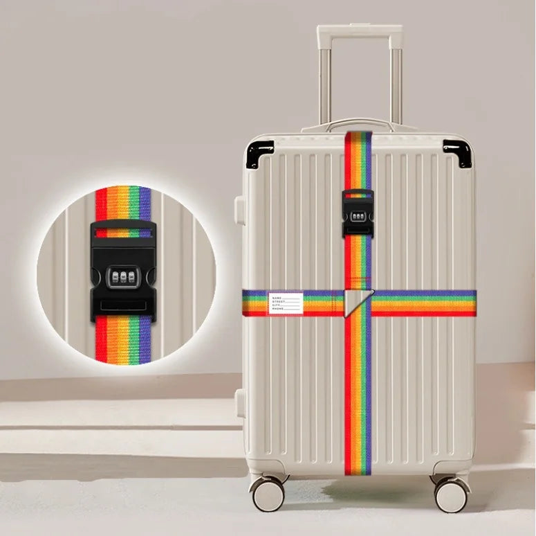 Rainbow Cross Luggage Strap with Combination Lock - Colorful Travel Suitcase Bundling Belts for Security & Decoration