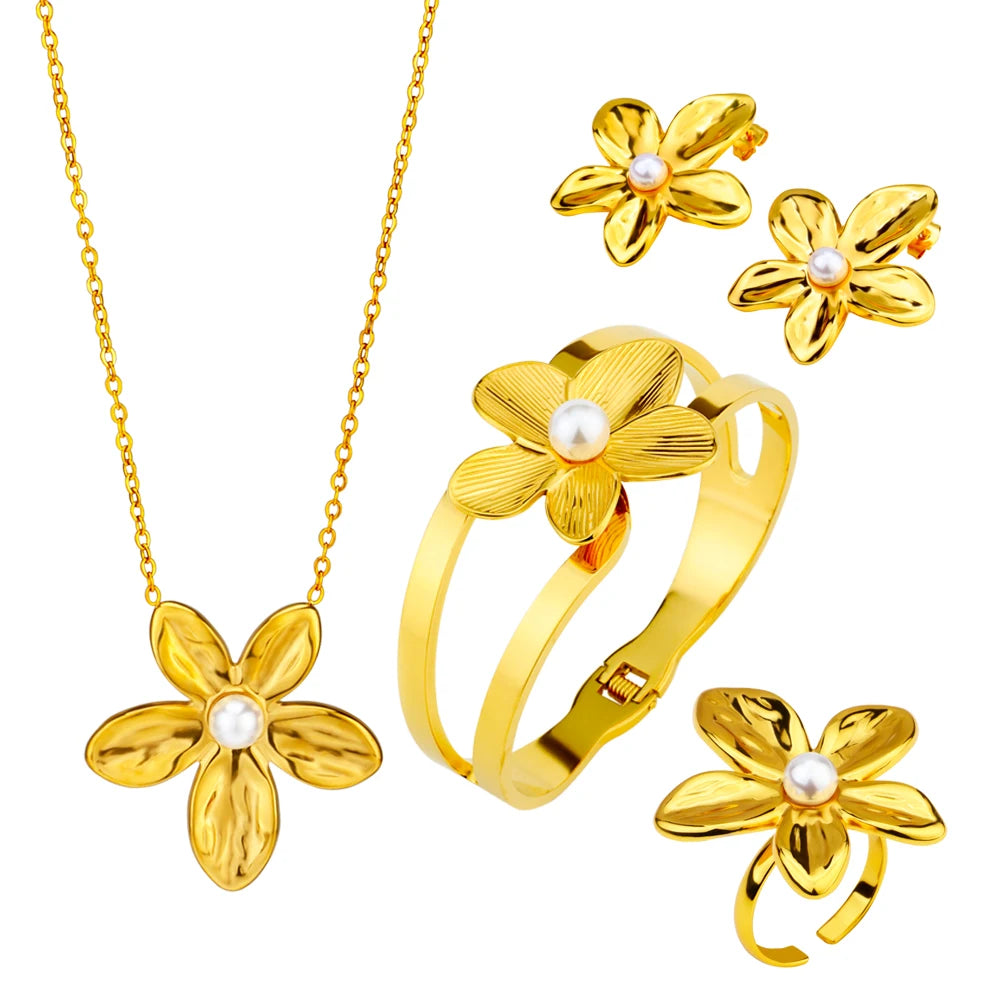 Wholesale High-end Luxury Wedding Bridal Jewelry Stainless Steel Leaf Pearl 4-piece Set 18K Gold Necklace Earrings Ring Bracelet