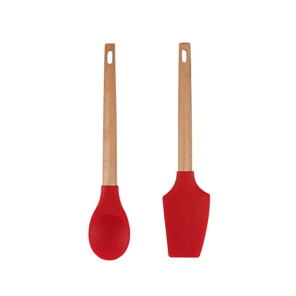 Bergner EXCALIBUR 2-Piece Kitchen Utensil Set - Spoon and Spatula - Silicone and Wooden Handle in Red