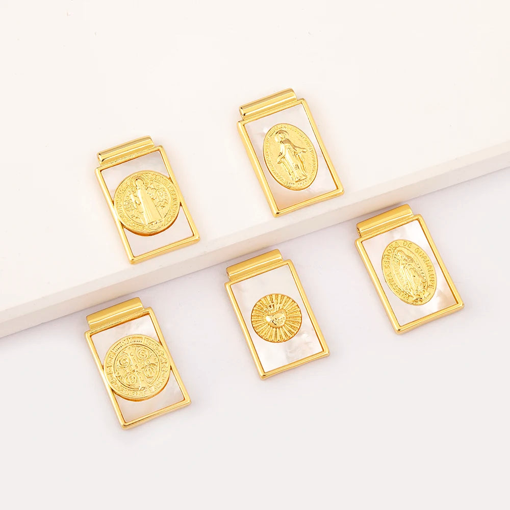 18K Gold Plated Copper Religious Pendant Set Rectangular Frame Saint/Our Lady Charms Jewelry for Men Women Wholesale