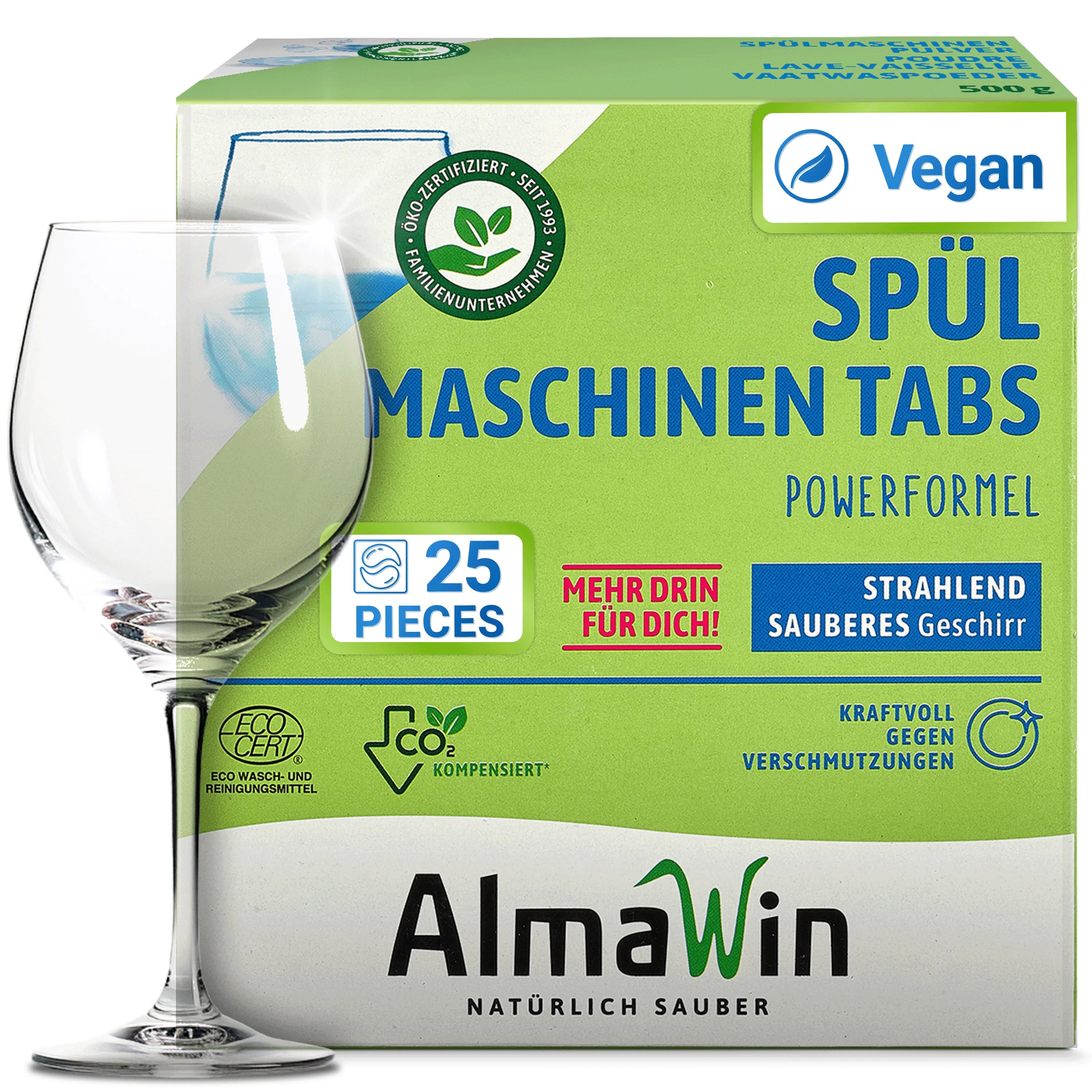 AlmaWin Export Vegan Dishwasher Tabs 25 Pieces With Power Formula For Sparkling Clean Dishes Organic Detergent