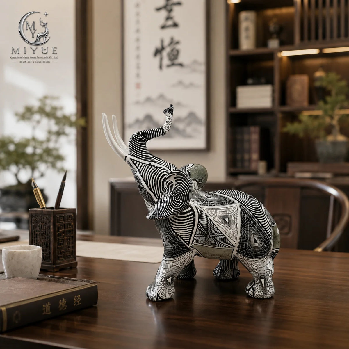 Geometric Line Trunk up Lucky Elephant Resin Figurine Water Transfer Elephant Statue Glossy Modern Tabletop Home Decor Craft MegaBDM