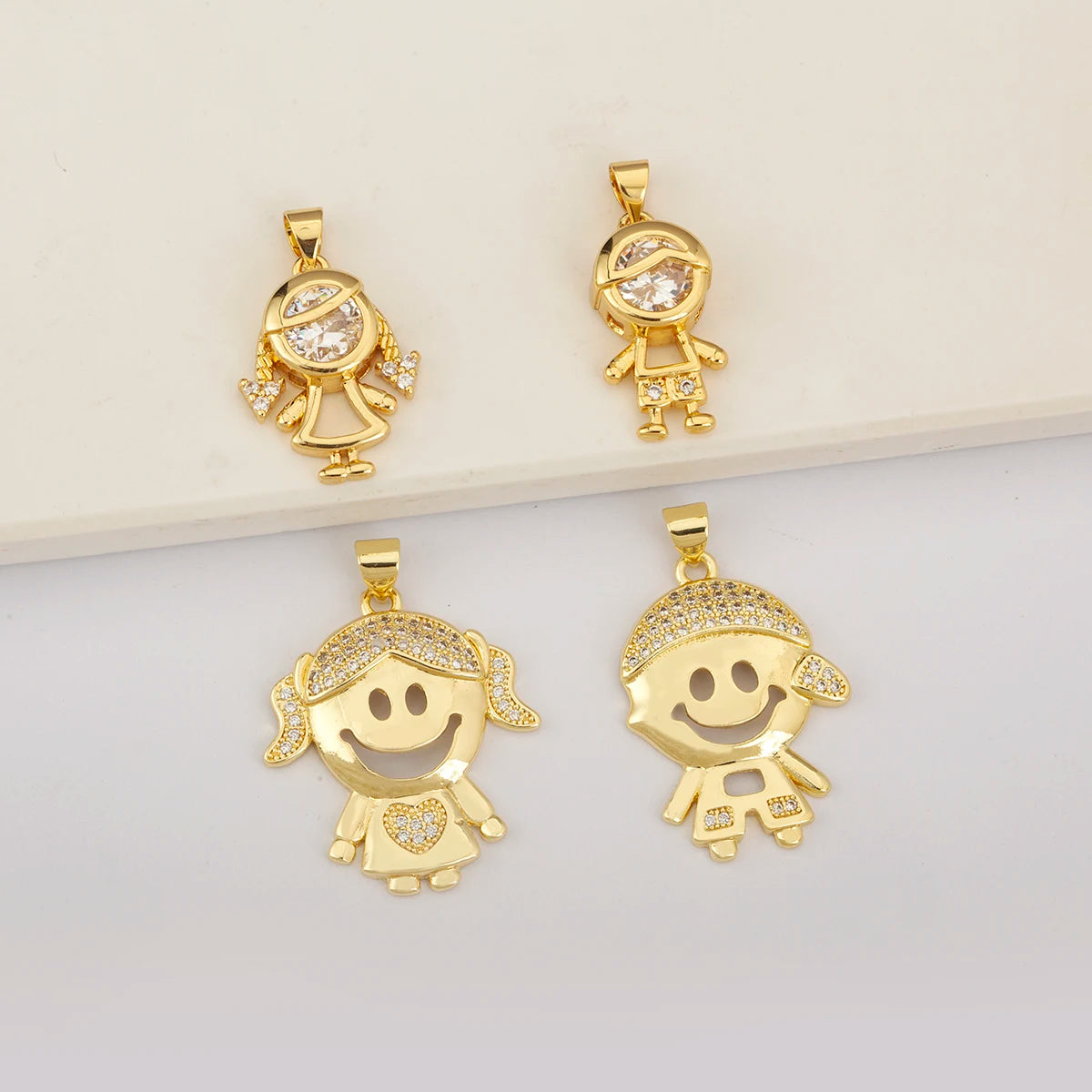 QIKU Wholesale Cute Cartoon Boy Girl Pendant Gold Plated with Cubic Zirconia Fashion Jewelry Charms for Necklace Making