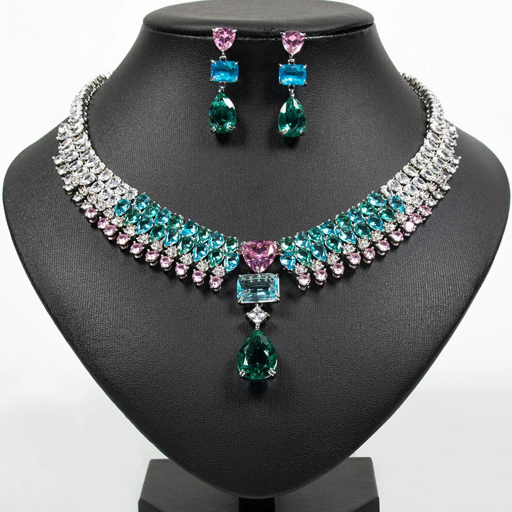 New Cubic Zirconia Big Water Drop Jewelry Sets for Women Elegant Blue and Pink Stones Necklace Earrings Wedding Accessory S-0053