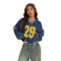 Navy Blue Mesh Knit Jersey with Yellow 29 Print and Embroidered Star Sleeves women's Loose Streetwear Pullover Sweater