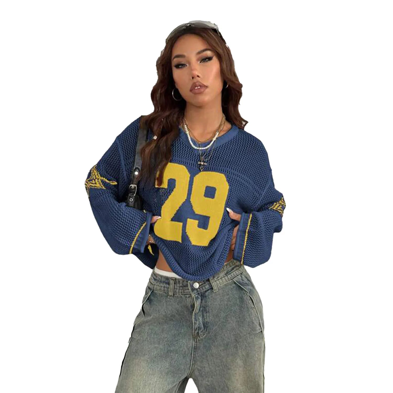 Navy Blue Mesh Knit Jersey with Yellow 29 Print and Embroidered Star Sleeves women's Loose Streetwear Pullover Sweater