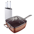 Bergner Optimum Copper Square Frying Pan Set 24x24cm in Pressed Aluminum + Set of 3 Stainless Steel Knives with Handle