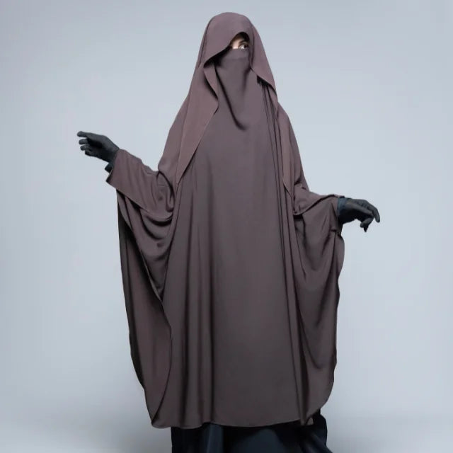 Wholesale Single Layer Wool Peach Flap Khimar Brown Breathable Handmade Women's Modest Hijab OEM Service Neck Long Sleeve