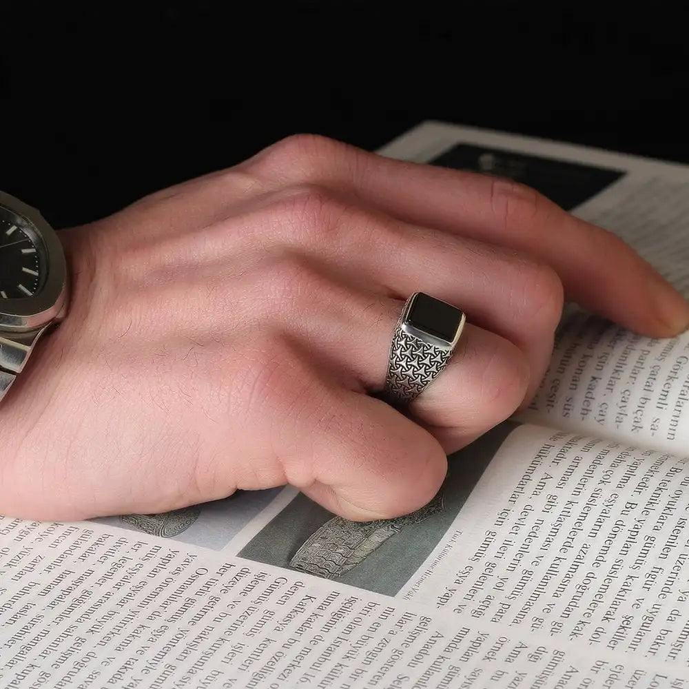 Wholesale Azuris VALKH1171 925 Sterling Silver Ottoman Style Men's Ring with Naturel Stone Agate Handmade Turkey