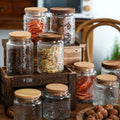 Japanese Vintage Style Hammered Bamboo Wood Cover 500ml Capacity Tea Candy Snack Sugar Glass Jar Floral Kitchen Storage Set