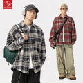 SK 200G American Retro Plaid Flannel Long-Sleeved Lapel Pocket Casual Outwear for Couples Men's Pants Anti-Pilling Feature
