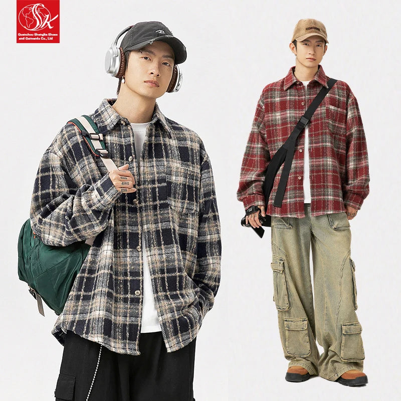 SK 200G American Retro Plaid Flannel Long-Sleeved Lapel Pocket Casual Outwear for Couples Men's Pants Anti-Pilling Feature