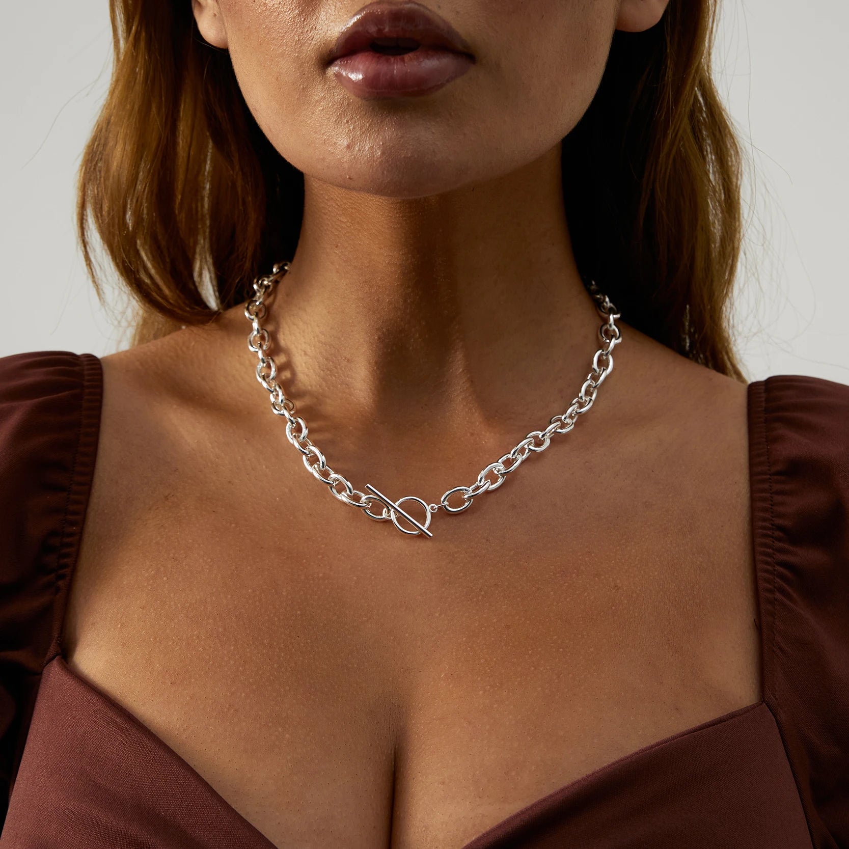 Silver Thick Toggle Necklace Bold&Chunky Silver Plated Chain Secure Toggle Clasp Modern Minimalist Necklace for Women N0068