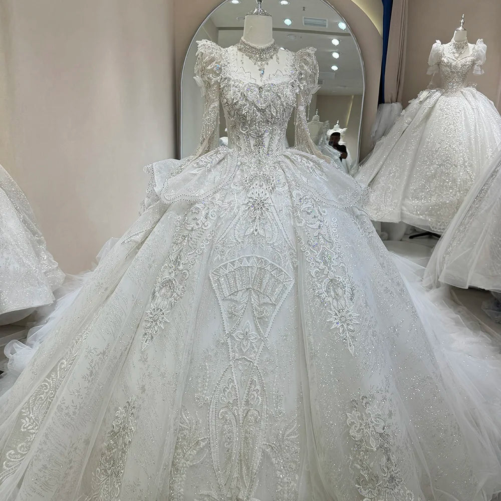 Jancember DW0029 Court High Neck Traditional Wedding Women's Dresses With Long Train