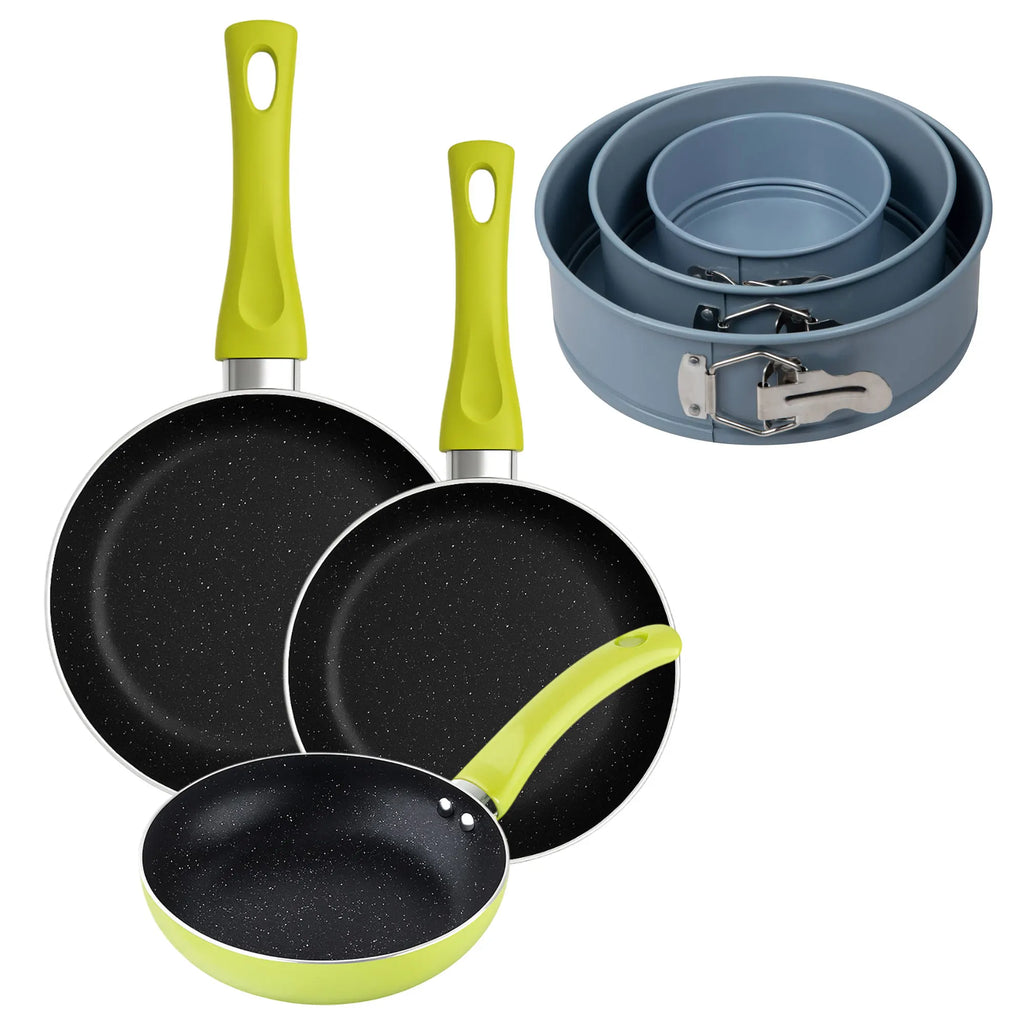 Set of 3 San Ignacio frying pans (20+24+28cm) green pressed aluminum + Set of 3 round oven molds 121822cm