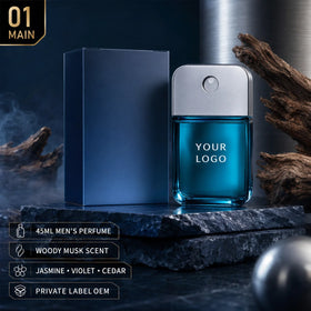 45ml Men's Woody Musk Long Lasting Modern Perfume Spray for Party Jasmine Violet Cedar Private Label OEM PE Bottle
