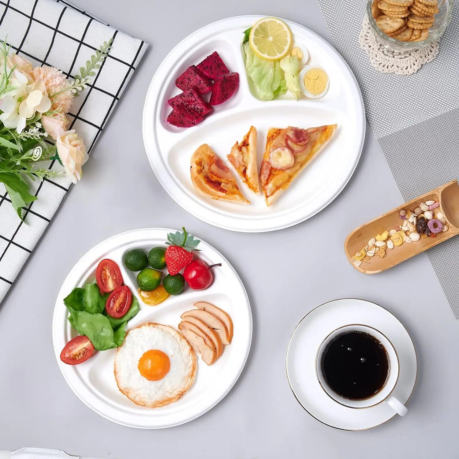Disposable Tableware White Round Plates 3 Compartment Biodegradable Sugarcane Bagasse Food Paper Plates DDP USA / America