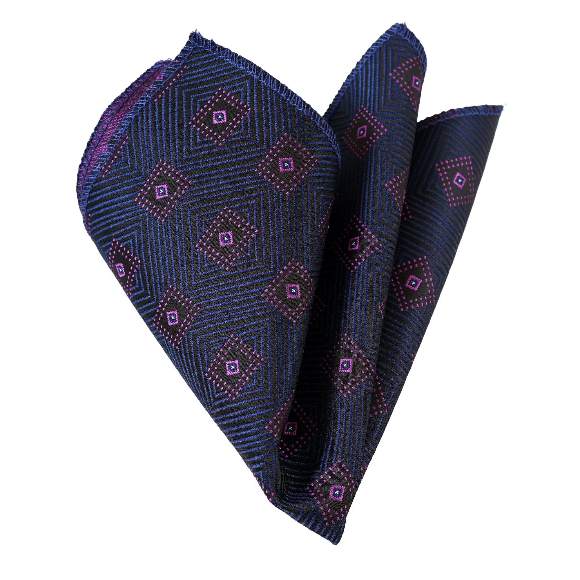 Purple Square Patterned Jacquard Woven Collar Handkerchief on Navy Blue