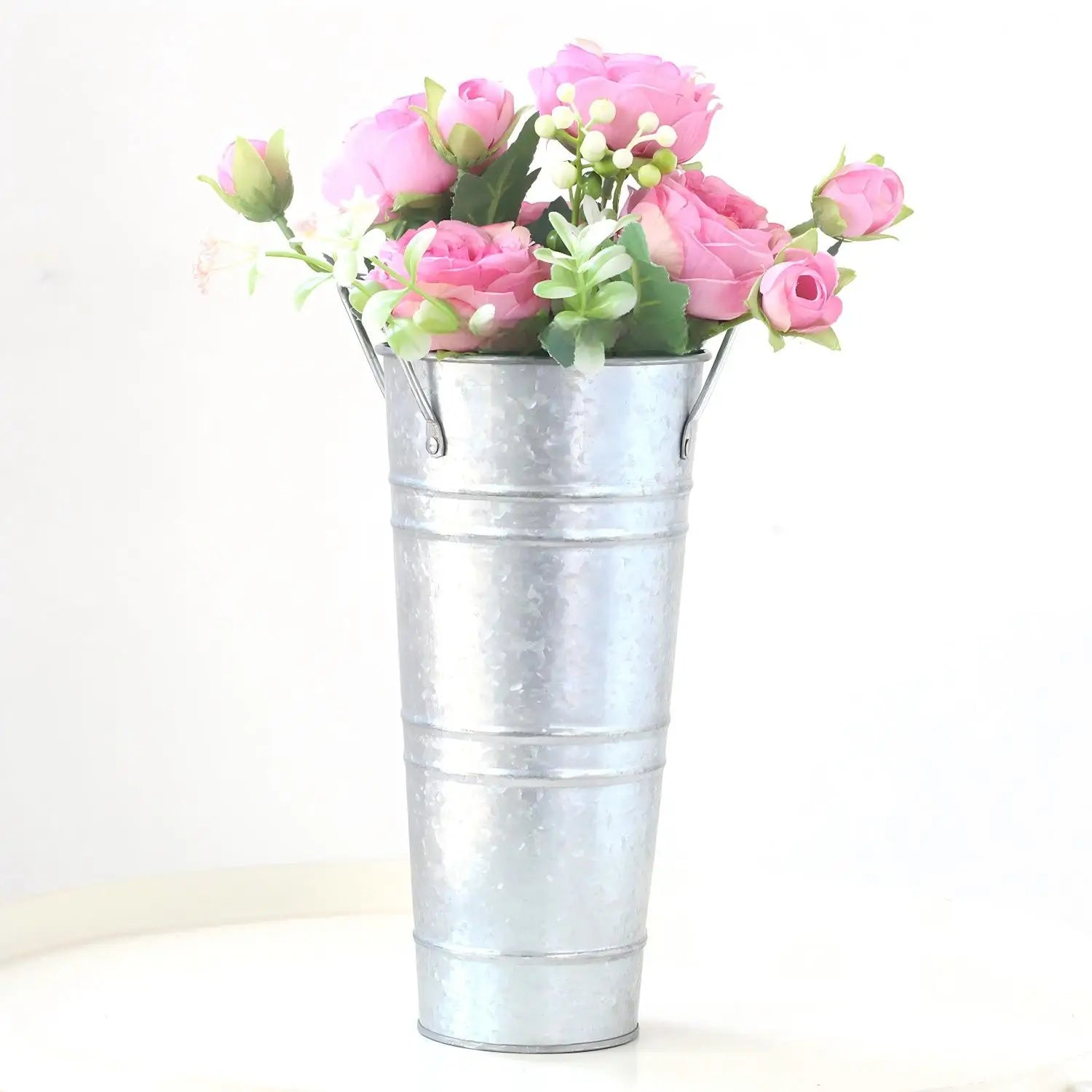 Galvanized Metal Flower Vase Bucket with Handles | Rustic Farmhouse Zinc Flower Holder in Silver / White / Copper Colors