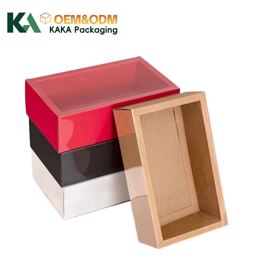 KAKA Empty Drawer Display Packaging Kraft Box PVC Cover Stamping Recyclable Customizable for Cosmetic Cloth Socks Tea Gift Boxes