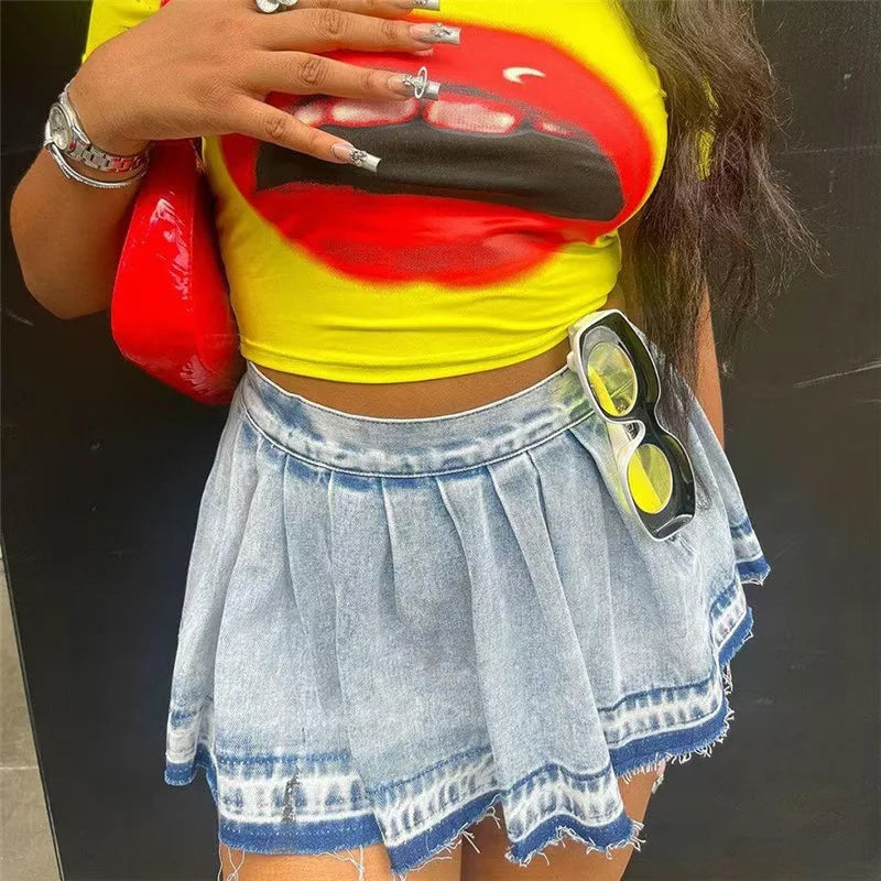High-Waist Stretch Pleated Denim Skirt Denim Mini Dress Acid Wash Cute Skirts Spring Autumn Hot Selling Women Clothing