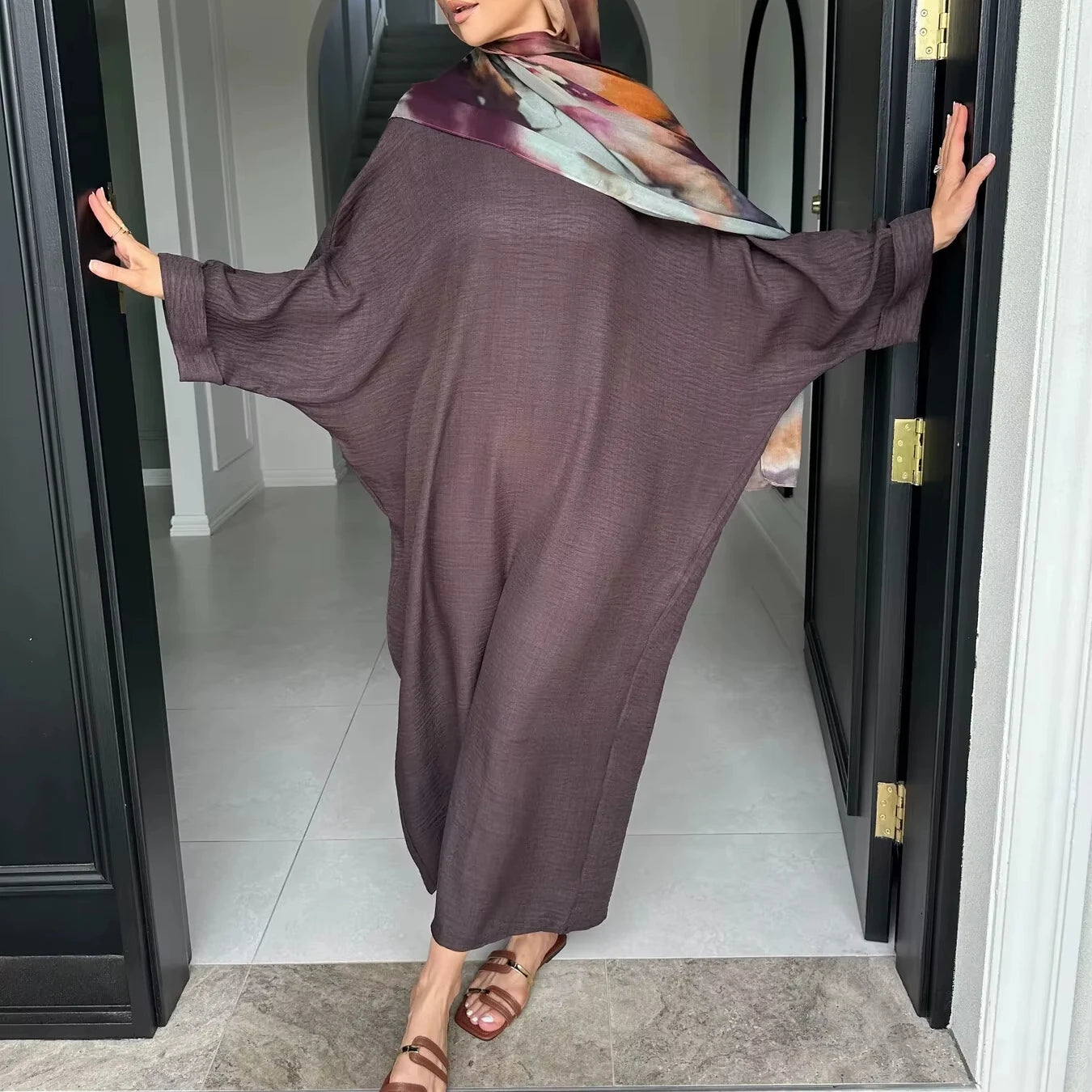 LM105 Chic Crepe Batwing-Sleeves Robe Dress Modest Style Stylish Floor-Length Design for Dubai Females for Ramadan Season
