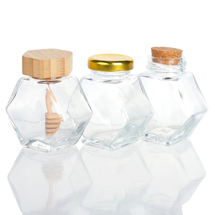 Wholesale clear Hexagonal 180ml 360ml 500ml Honey Jar Glass with Metal and Wooden Lid Free Samples