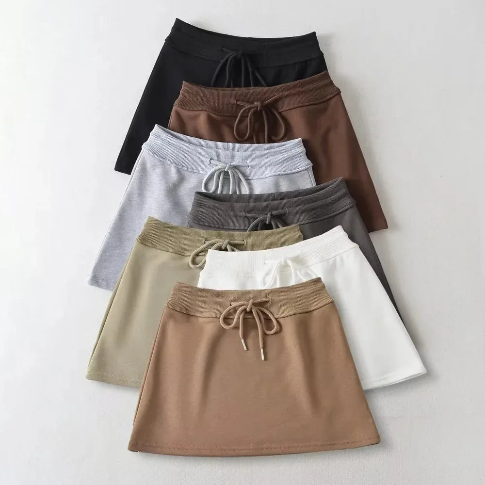 Casual Sports High Waist Drawstring Cotton Women's Skirts With Lined Shorts
