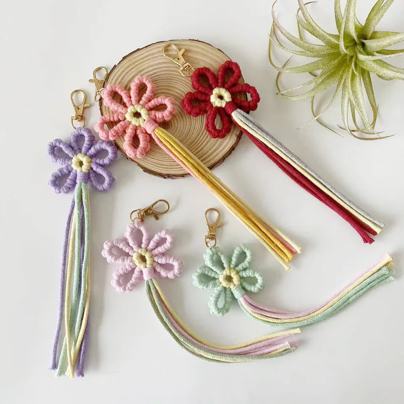 Colorful Handmade Blossom Crochet Flower Keychains Boho DIY Braided Rope Tassel Macrame Key Chain Car Keychain Bag Charm Pendant