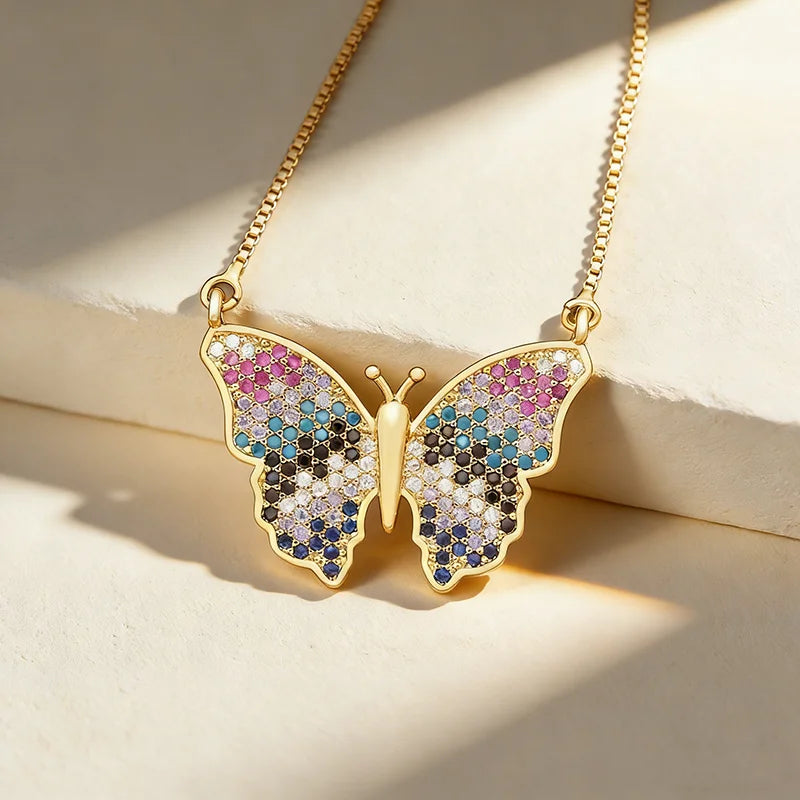 QIKU Trendy Rainbow Rhinestone Butterfly Pendant Necklace Copper Cubic Zircon Chain Choker Party Birthday Gift Jewelry Wholesale