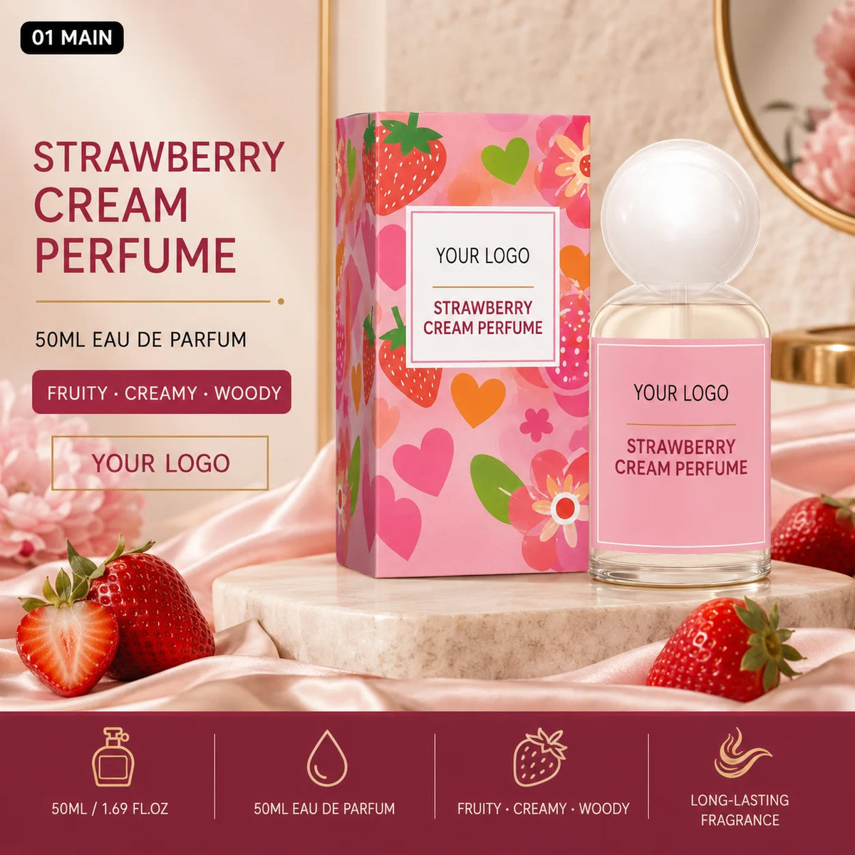 Private Label Perfume Manufacturer 50ml Strawberry Cream Eau De Parfum Long Lasting Modern Custom Fragrance OEM ODM for Women MegaBDM
