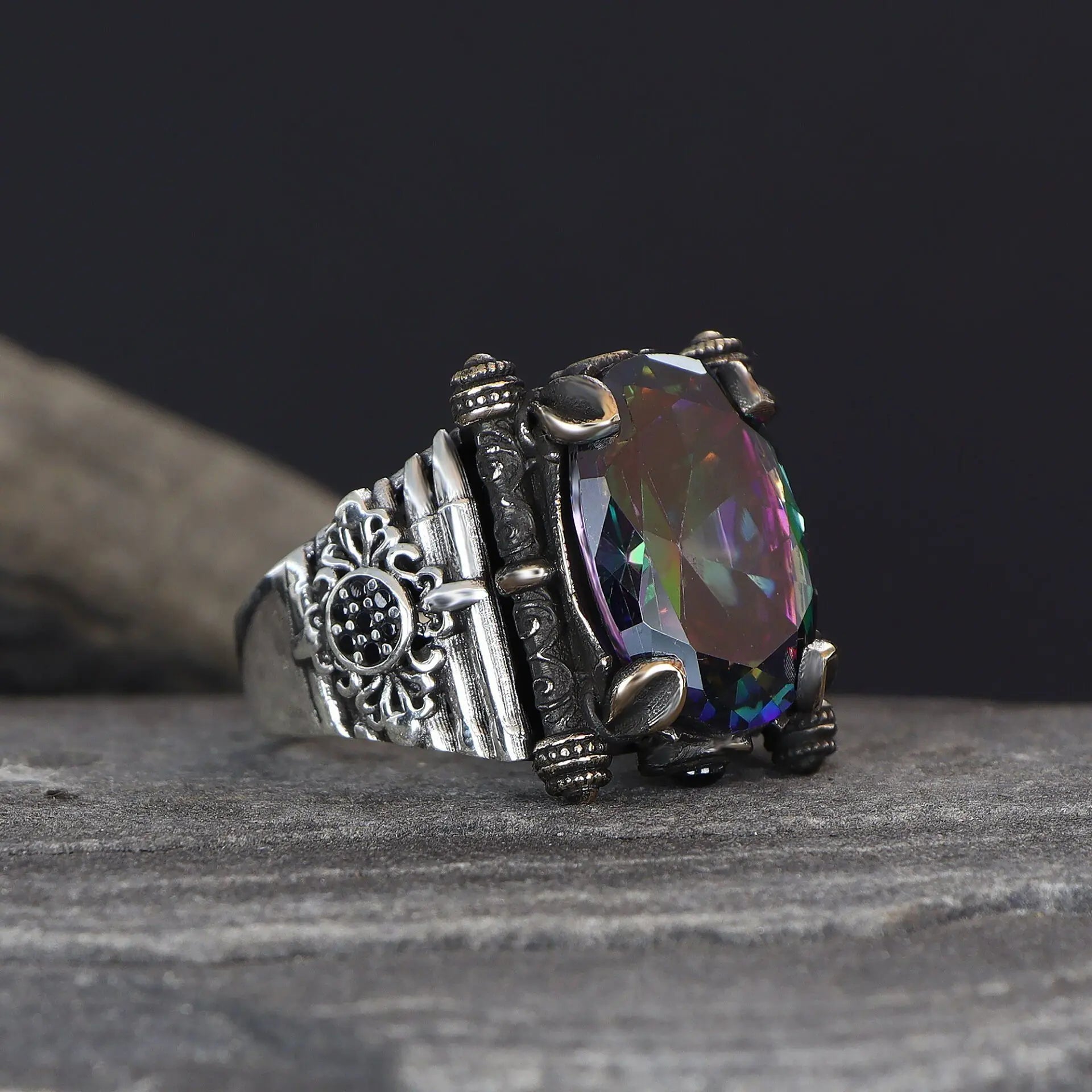 Azuris Custom Logo 925 Sterling Silver Ottoman Style Men's Ring Naturel Black Stone Handmade in Turkey VALKH1581