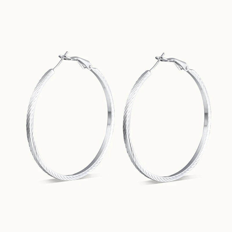 Wholesale Classic Simple Design Silver Plated Embossed Lines Hoop Earrings Jewelry Women