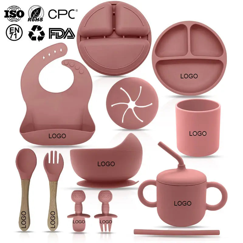 BPA Free Eco-Friendly Silicone Kids Tableware Set-Waterproof Bib Suction Plate Bowl Spoon Food Grade Baby Feeding Dinnerware