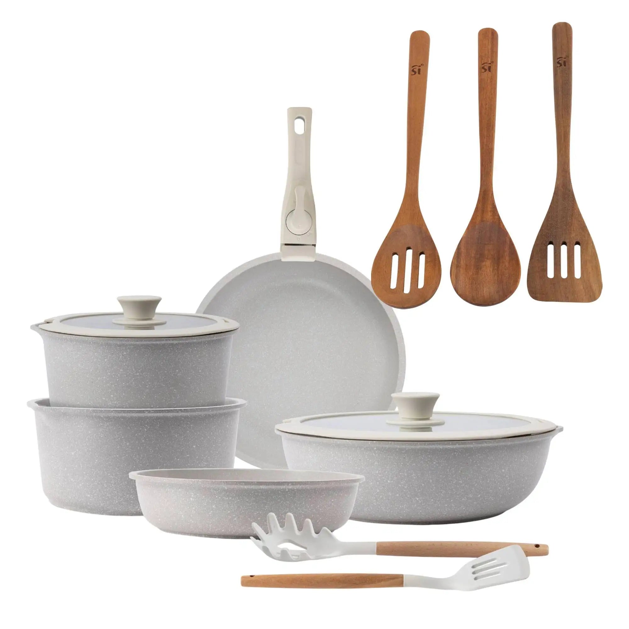10-Piece Beige Cookware Set with Removable Handles 3 Frying Pans 2 Saucepans Lids and Utensils + San Ignacio AGROS 3-Piece