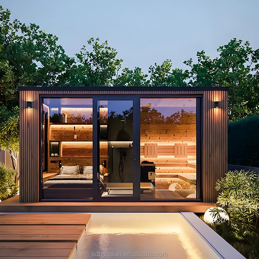 Custom Large Outdoor Traditional Steam Sauna Redwood Hemlock with Panoramic Window and Electric Heating Dry Steam Shower Sauna