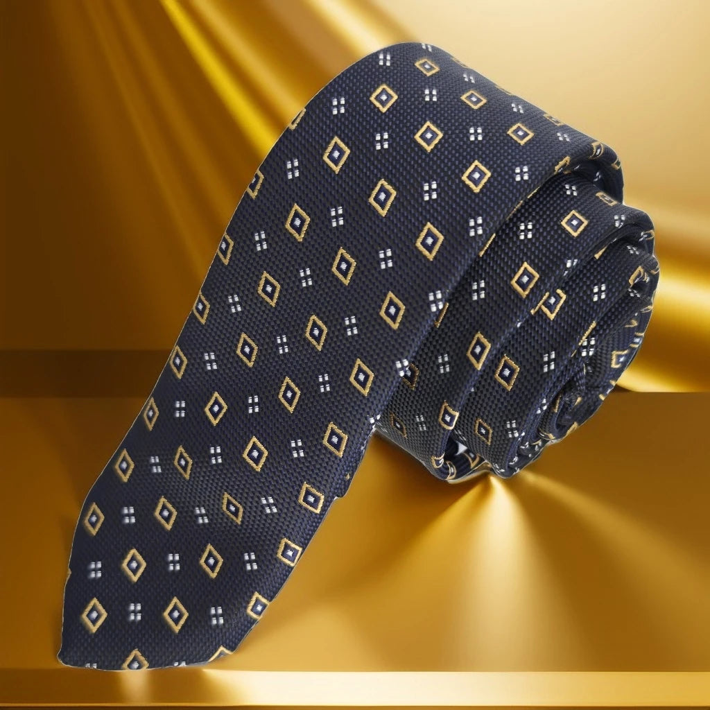 Navy Blue and Gold Checkerboard Jacquard Woven Slim Fashion Tie