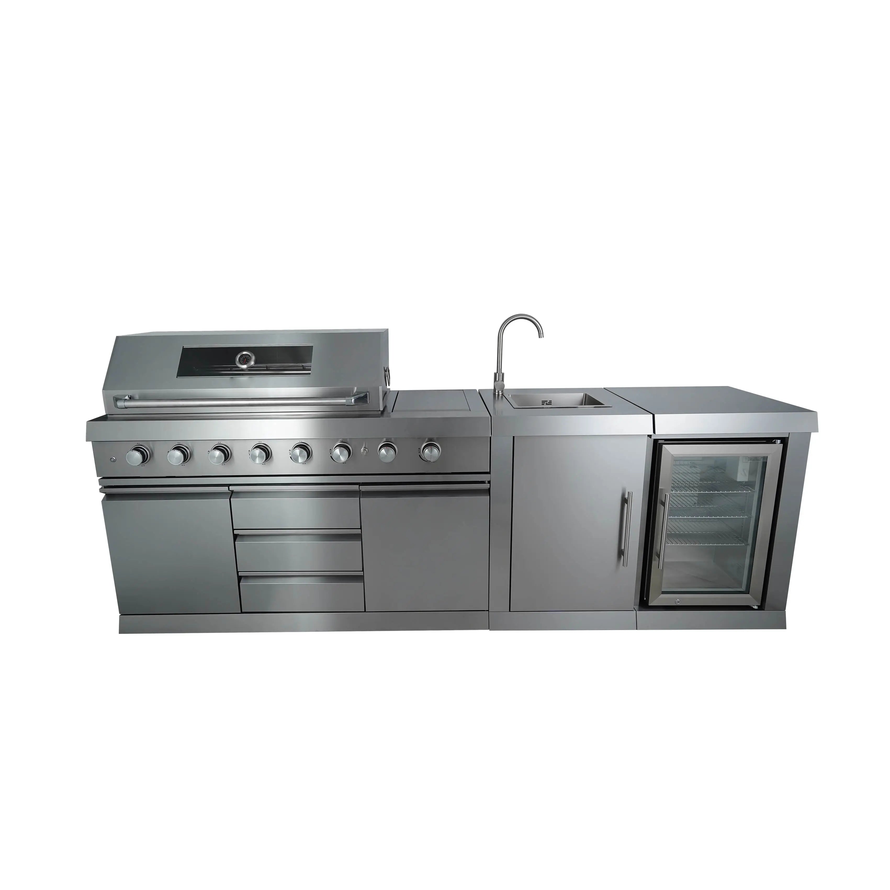 CE Certified Commercial-Grade Outdoor Kitchen 8 Burner BBQ Grill with Side Grids Stainless Steel Cabinets