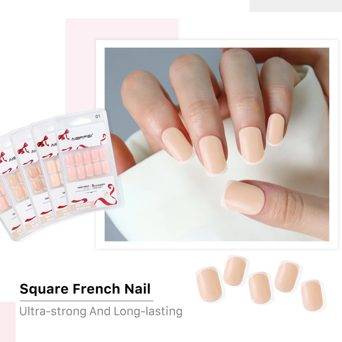 AIERFEI French Acrylic Fingernails Square False Nails Tips Simple Decorated Artificial Nails Daily Use Natural Ready to Wear MegaBDM